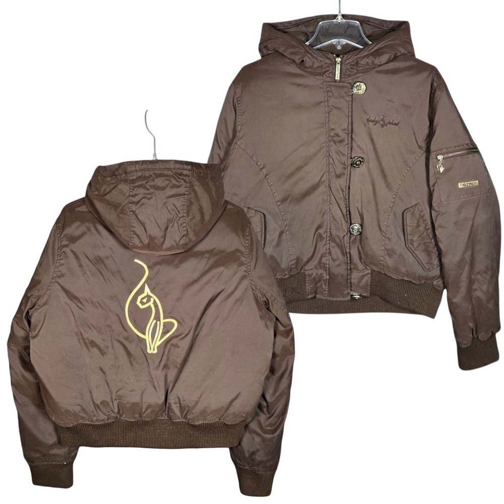 Vintage Y2K Baby Phat Jacket Women's XL Bomber Puffer Brown Hooded Cat Logo Down